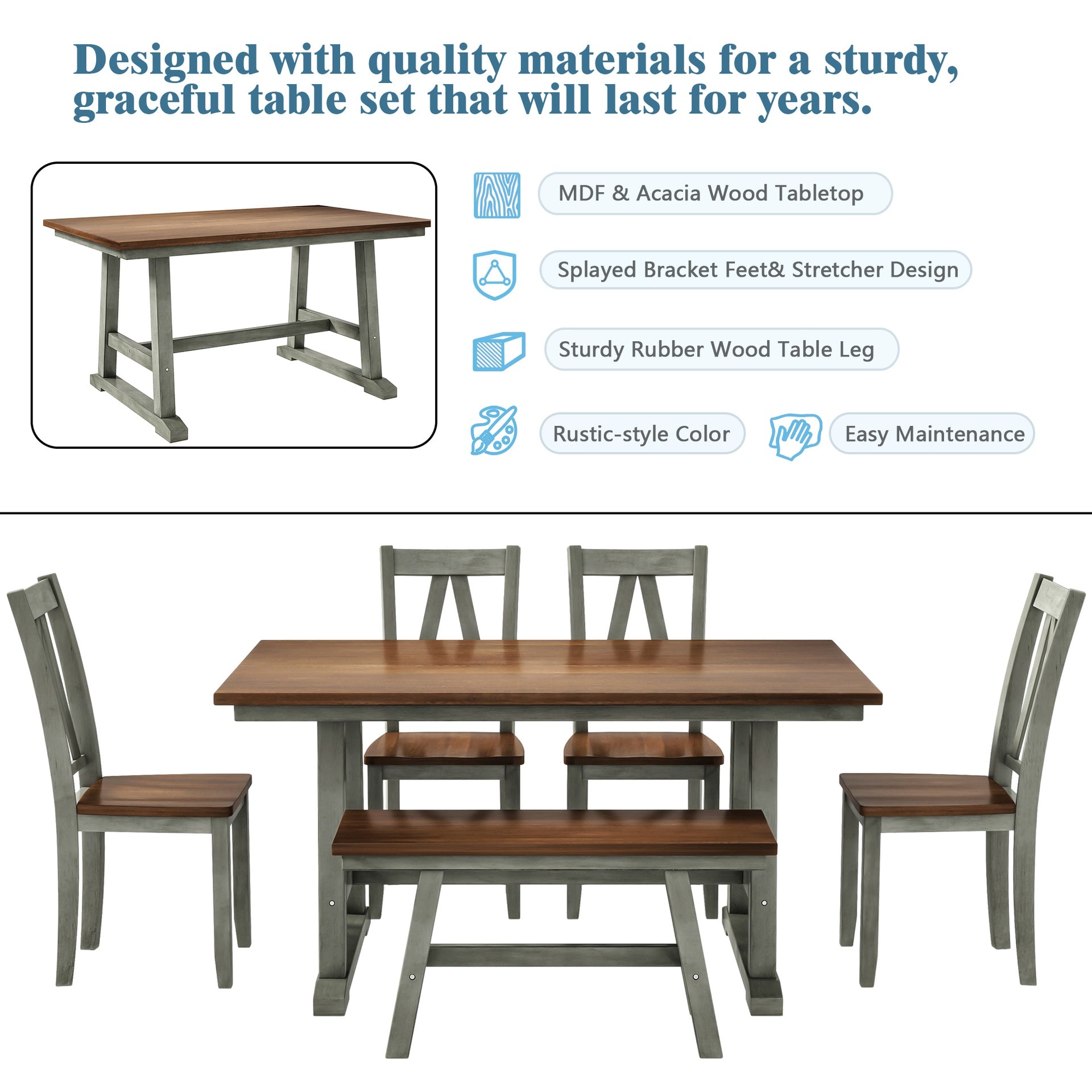 TOPMAX 6-Piece Wood Dining Table Set Kitchen Table Set with Long Bench and 4 Dining Chairs, Farmhouse Style, Walnut+Gray(old sku:SP000256)