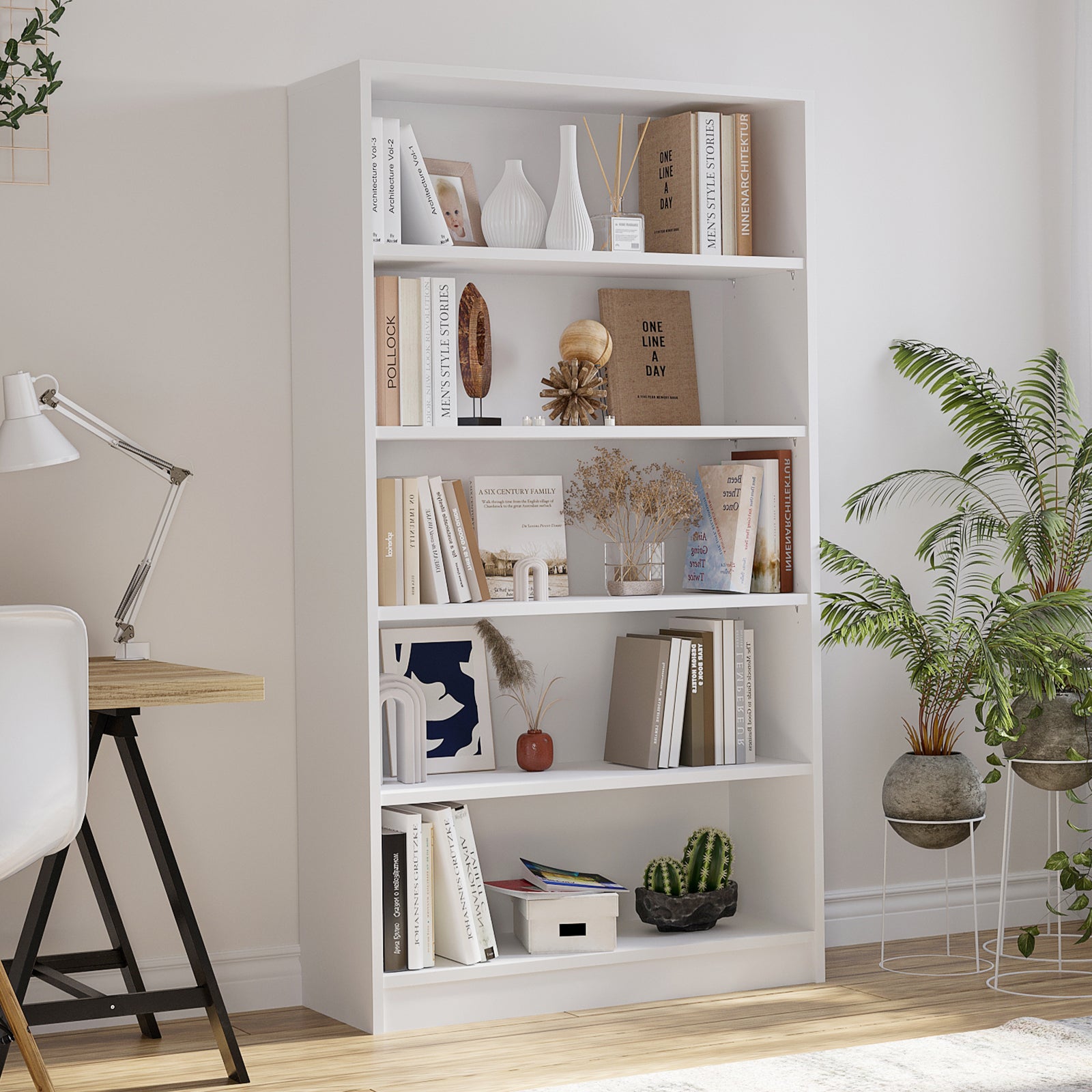 5 Shelf White Bookcase 60 inch Tall Wood Bookshelf for Bedroom