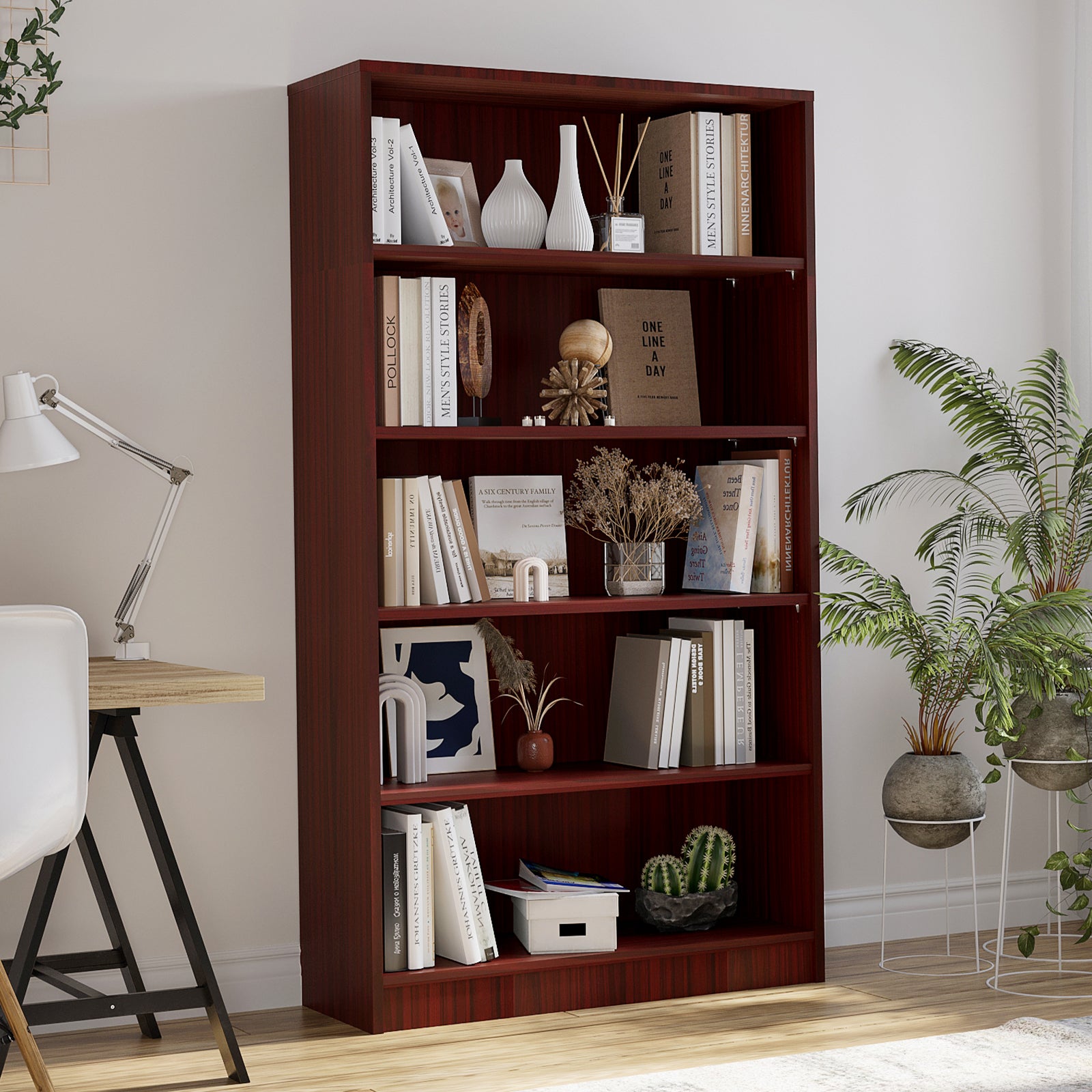 5 Shelf Cherry Bookcase 60 inch Tall Wood Bookshelf for Bedroom