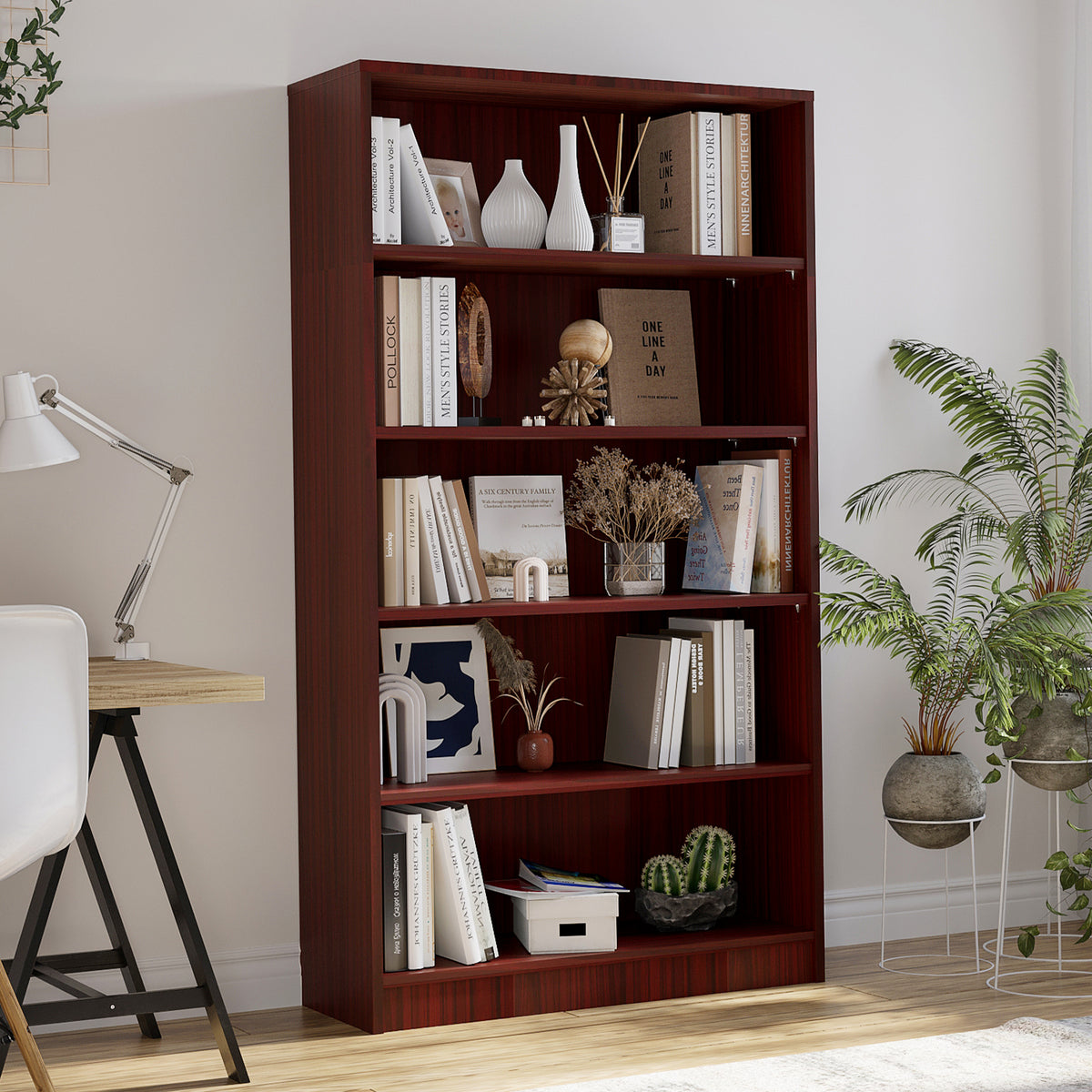 5 Shelf Cherry Bookcase 60 inch Tall Wood Bookshelf for Bedroom