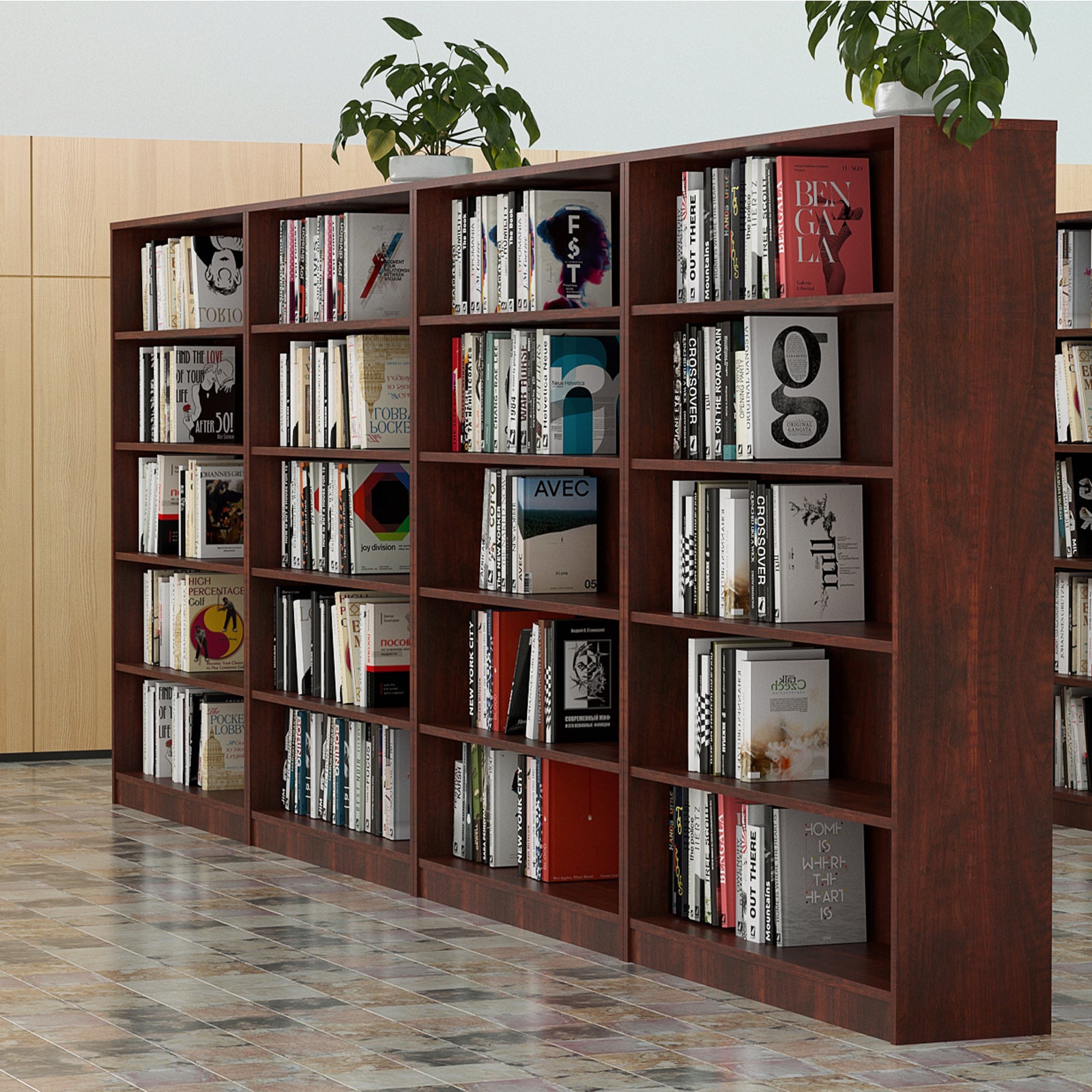 5 Shelf Cherry Bookcase 60 inch Tall Wood Bookshelf for Bedroom