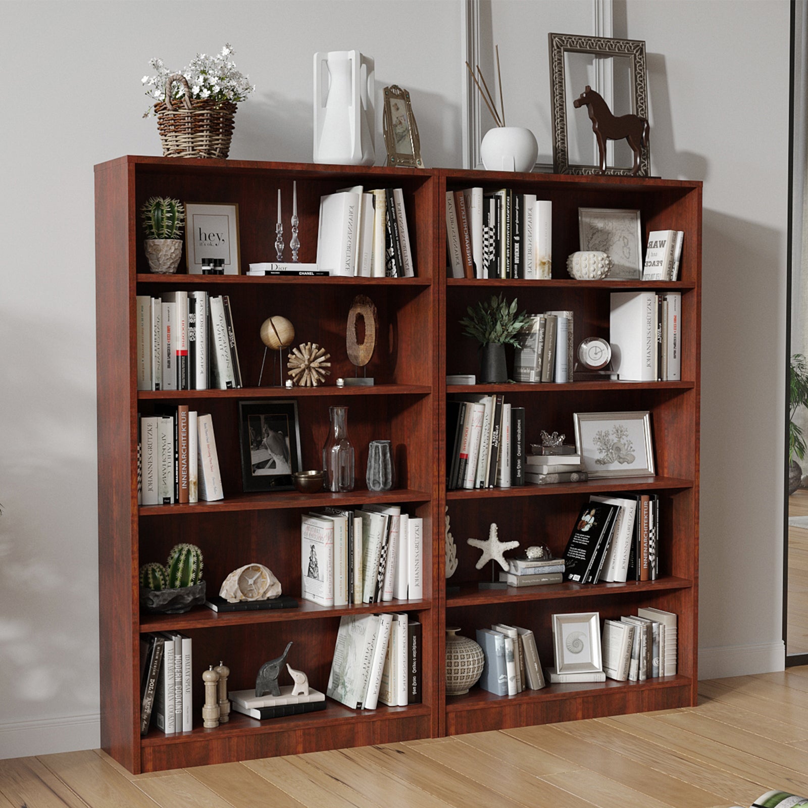 5 Shelf Cherry Bookcase 60 inch Tall Wood Bookshelf for Bedroom