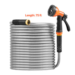 Metal Garden Hose 75 ft, Rust Proof Stainless Steel Water Hose, Heavy Duty Backyard Hose with 10 Function Nozzle, No-Kink & Flexible Water Pipe, Lightweight Metal Hose for Yard, Outdoor