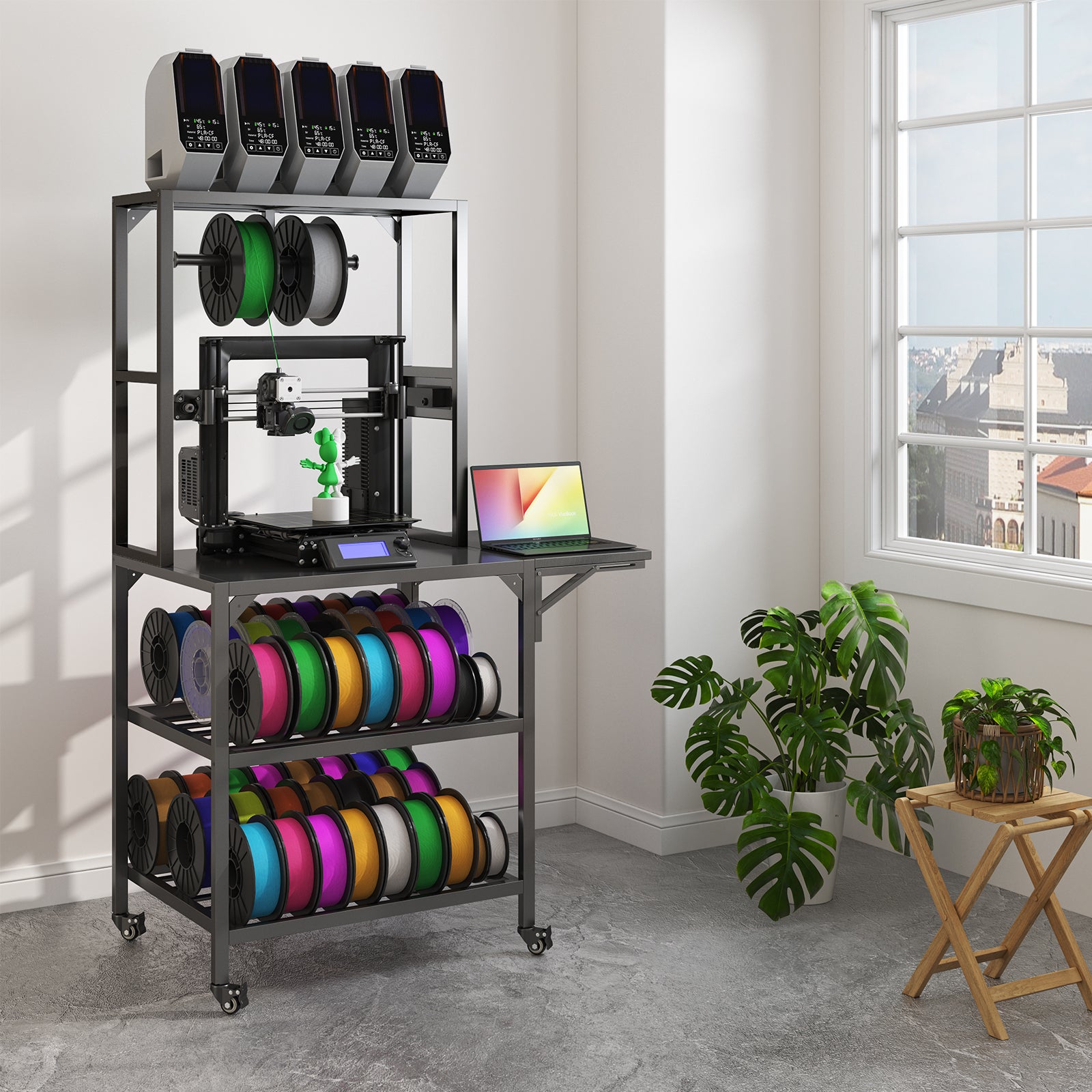 3D Printer Stand, Heavy Duty 3D Printer Table Stand with Filament Storage Rack, T-Shaped Spools Holder Rack with Wheels,3D Printer Workbench for 3D Printing Studio, Home Office Workshop