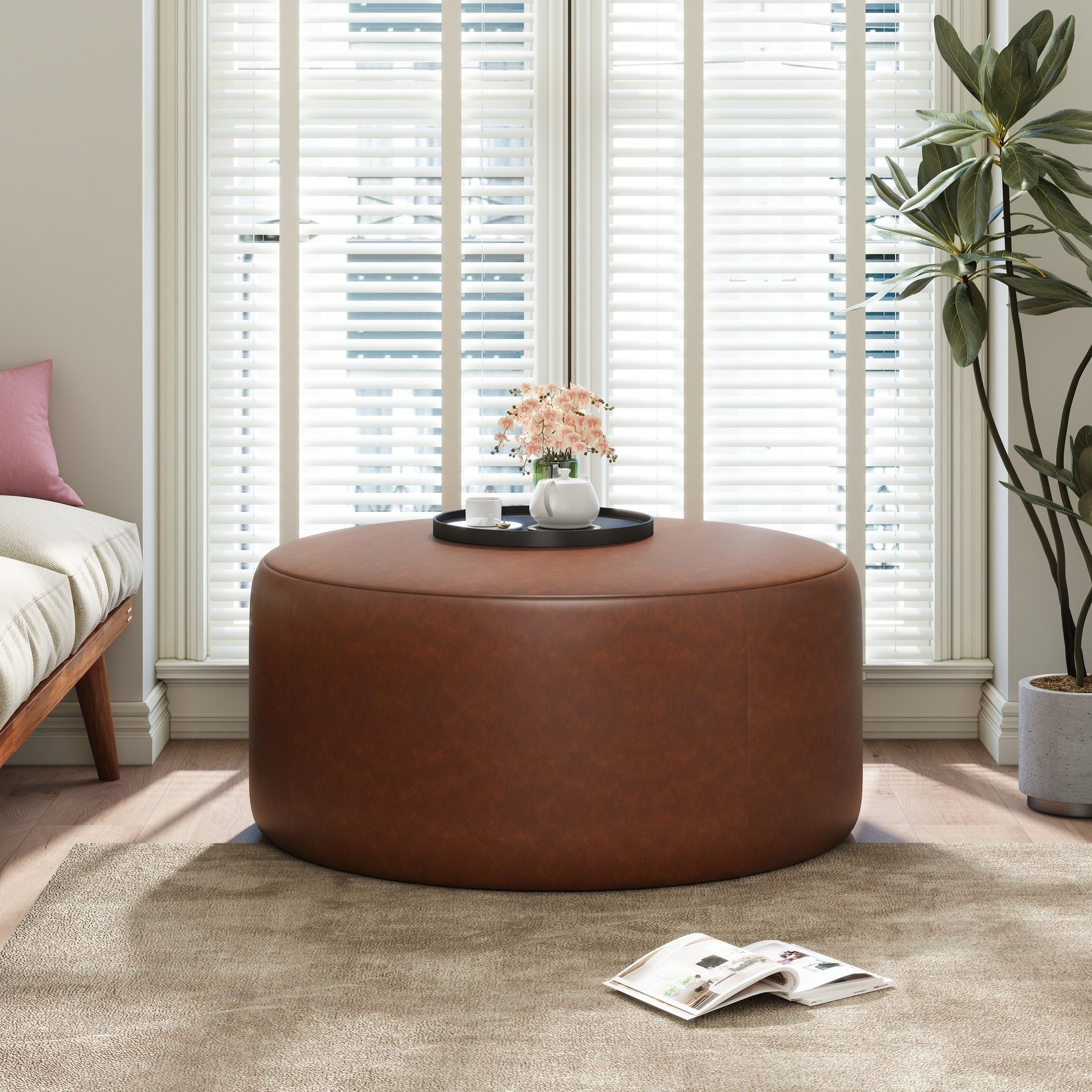 Upholstered Round Ottoman,PU Leather,Brown