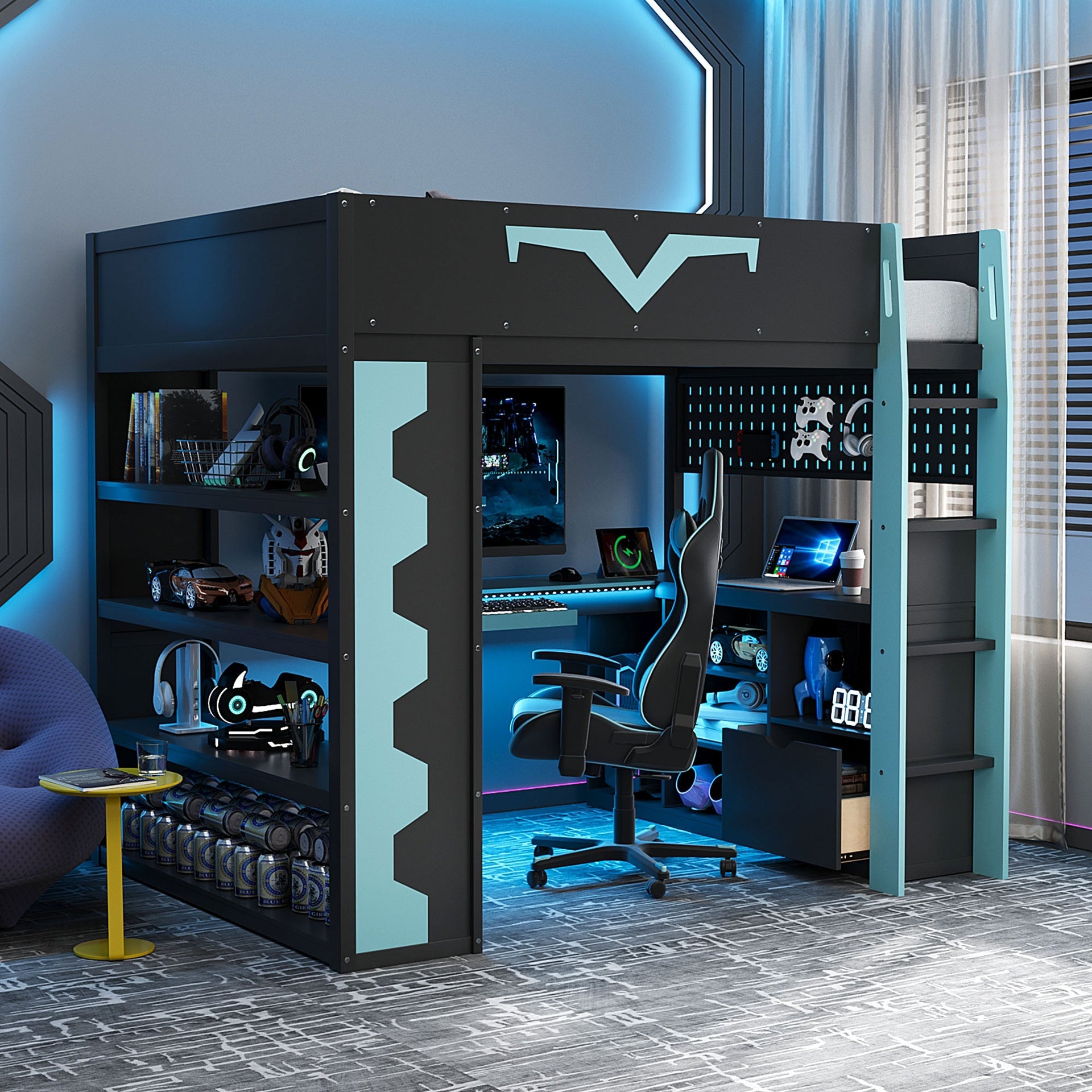 Full Size Gaming Loft Bed with Integrated Desk & RGB LED Lights, Pro-Gamer Bed with Power Outlet, Large Bookshelf, Pegboard, Keyboard Tray & Storage Drawer, 3 Colors Available, Blue