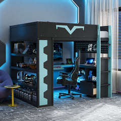 Full Size Gaming Loft Bed with Integrated Desk & RGB LED Lights, Pro-Gamer Bed with Power Outlet, Large Bookshelf, Pegboard, Keyboard Tray & Storage Drawer, 3 Colors Available, Blue