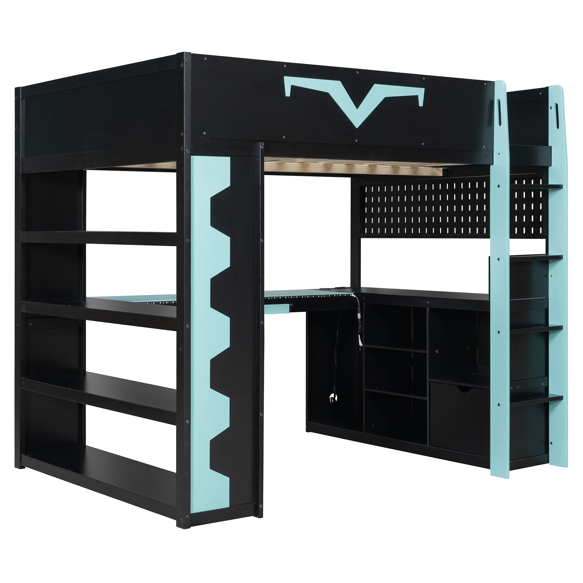Full Size Gaming Loft Bed with Integrated Desk & RGB LED Lights, Pro-Gamer Bed with Power Outlet, Large Bookshelf, Pegboard, Keyboard Tray & Storage Drawer, 3 Colors Available, Blue