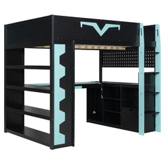 Full Size Gaming Loft Bed with Integrated Desk & RGB LED Lights, Pro-Gamer Bed with Power Outlet, Large Bookshelf, Pegboard, Keyboard Tray & Storage Drawer, 3 Colors Available, Blue