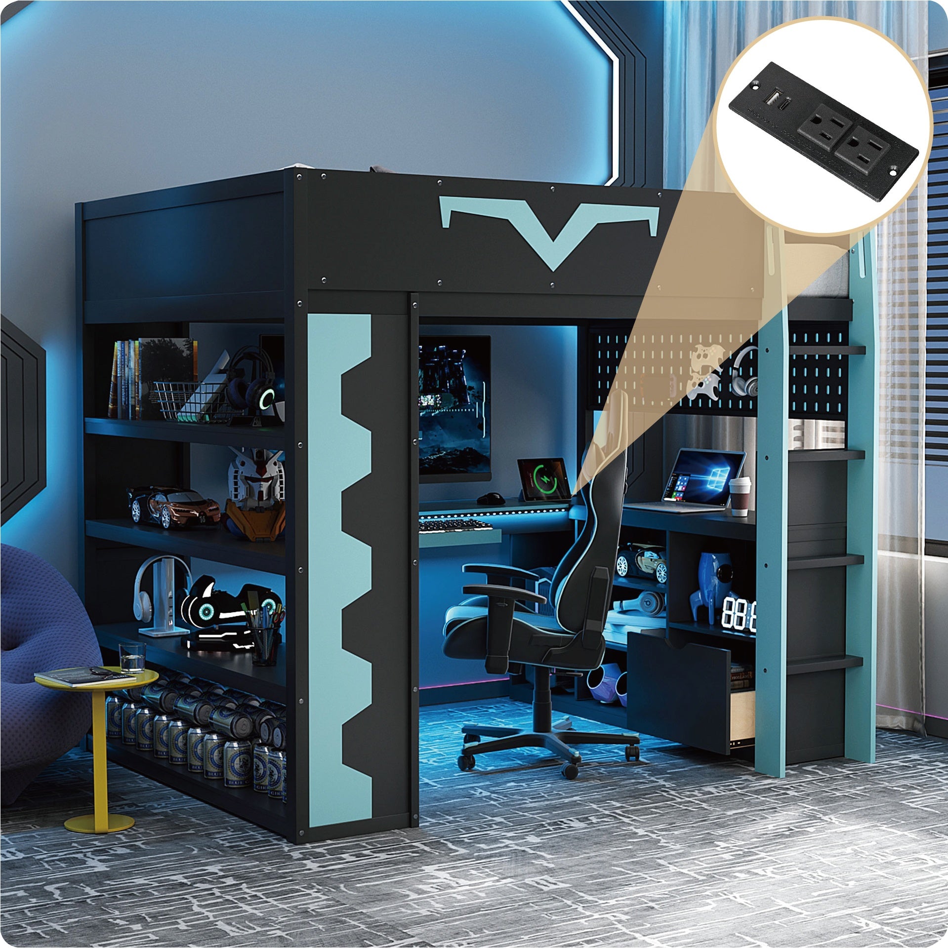 Full Size Gaming Loft Bed with Integrated Desk & RGB LED Lights, Pro-Gamer Bed with Power Outlet, Large Bookshelf, Pegboard, Keyboard Tray & Storage Drawer, 3 Colors Available, Blue