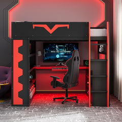 Full Size Gaming Loft Bed with Integrated Desk & RGB LED Lights, Pro-Gamer Bed with Power Outlet, Large Bookshelf, Pegboard, Keyboard Tray & Storage Drawer, 3 Colors Available, Red