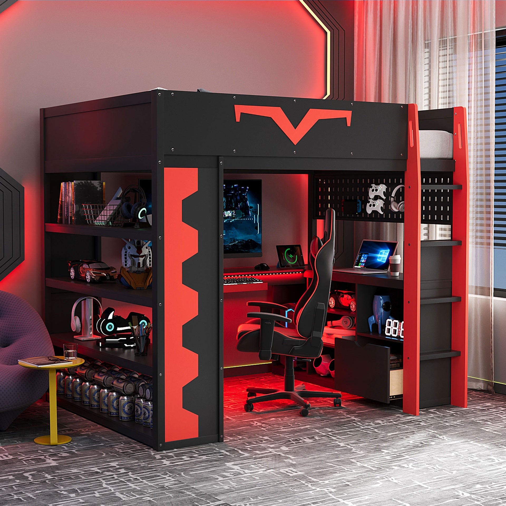 Full Size Gaming Loft Bed with Integrated Desk & RGB LED Lights, Pro-Gamer Bed with Power Outlet, Large Bookshelf, Pegboard, Keyboard Tray & Storage Drawer, 3 Colors Available, Red
