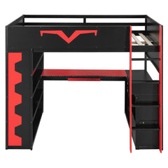 Full Size Gaming Loft Bed with Integrated Desk & RGB LED Lights, Pro-Gamer Bed with Power Outlet, Large Bookshelf, Pegboard, Keyboard Tray & Storage Drawer, 3 Colors Available, Red