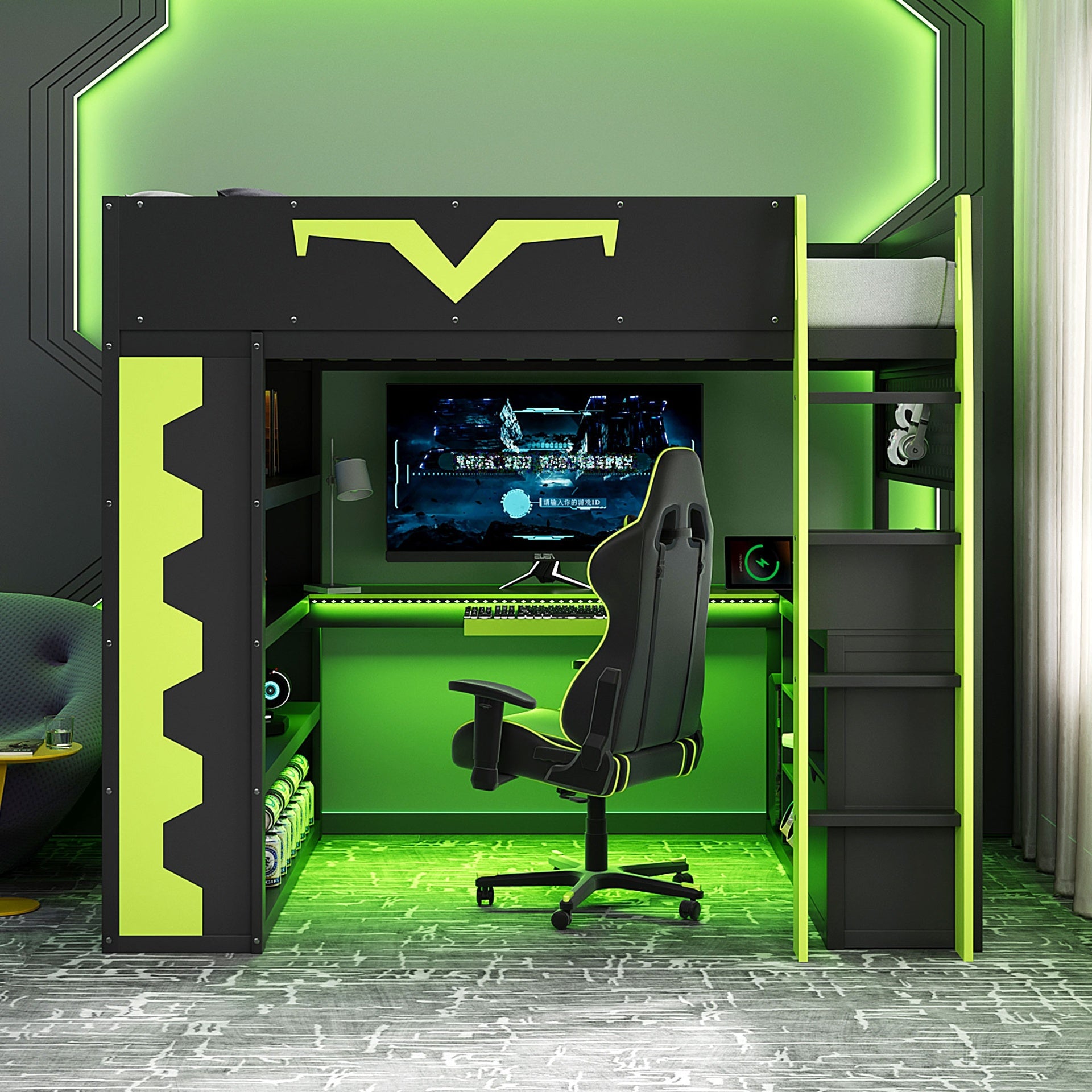 Full Size Gaming Loft Bed with Integrated Desk & RGB LED Lights, Pro-Gamer Bed with Power Outlet, Large Bookshelf, Pegboard, Keyboard Tray & Storage Drawer, 3 Colors Available, Green