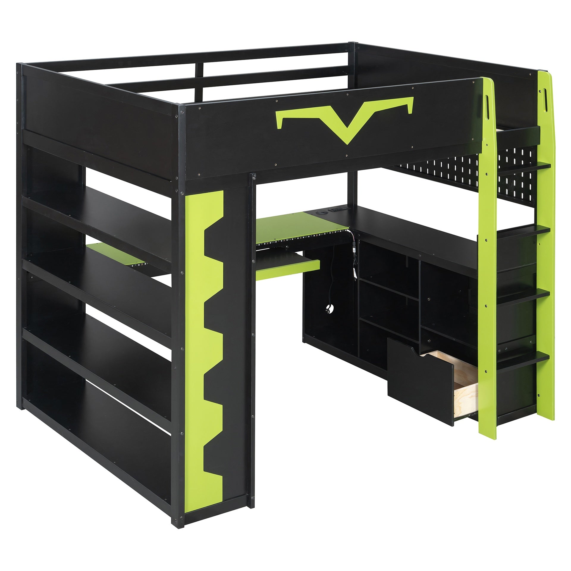 Full Size Gaming Loft Bed with Integrated Desk & RGB LED Lights, Pro-Gamer Bed with Power Outlet, Large Bookshelf, Pegboard, Keyboard Tray & Storage Drawer, 3 Colors Available, Green