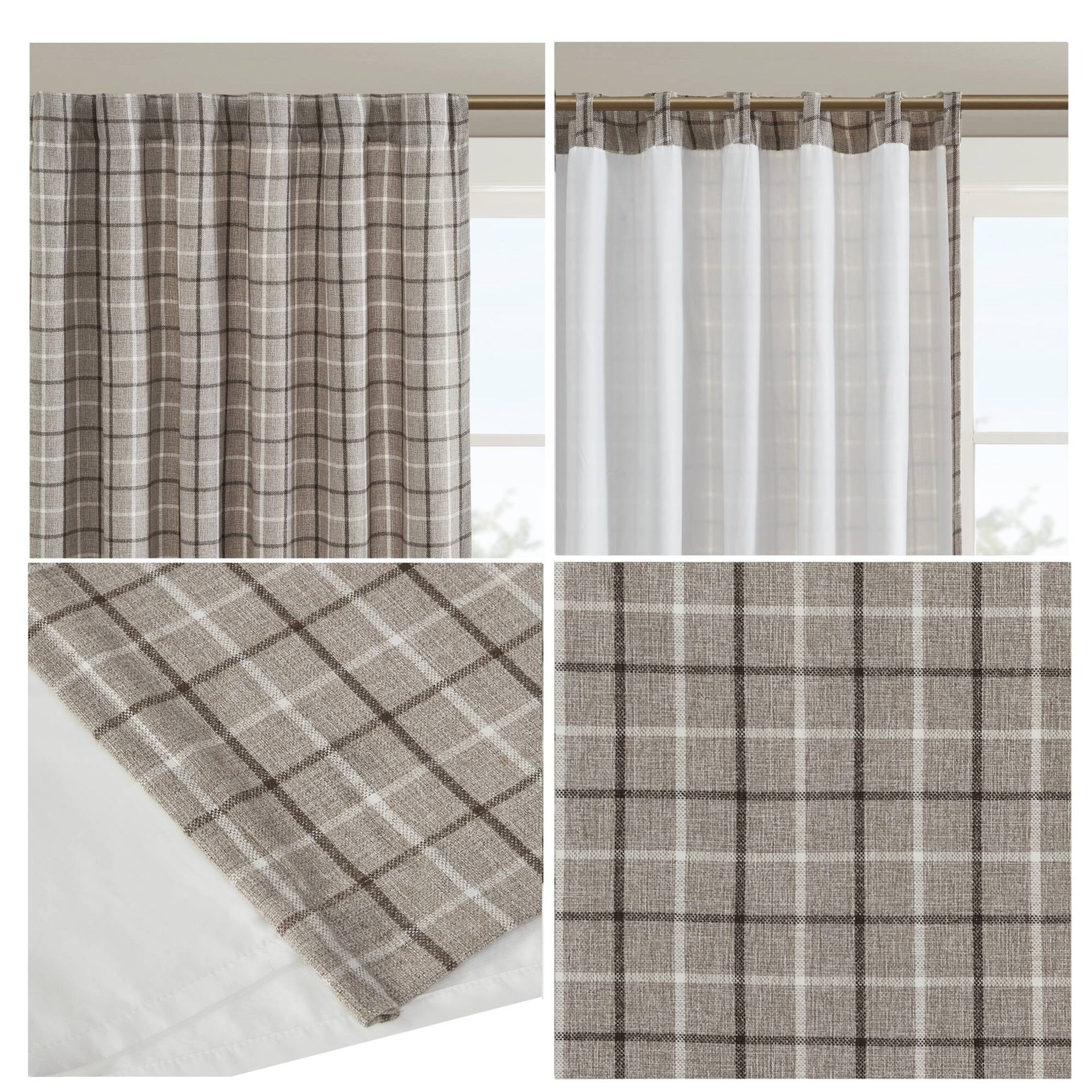 1-Piece 50x63" Plaid Rod Pocket and Back Tab Curtain Panel with Fleece Lining,Brown