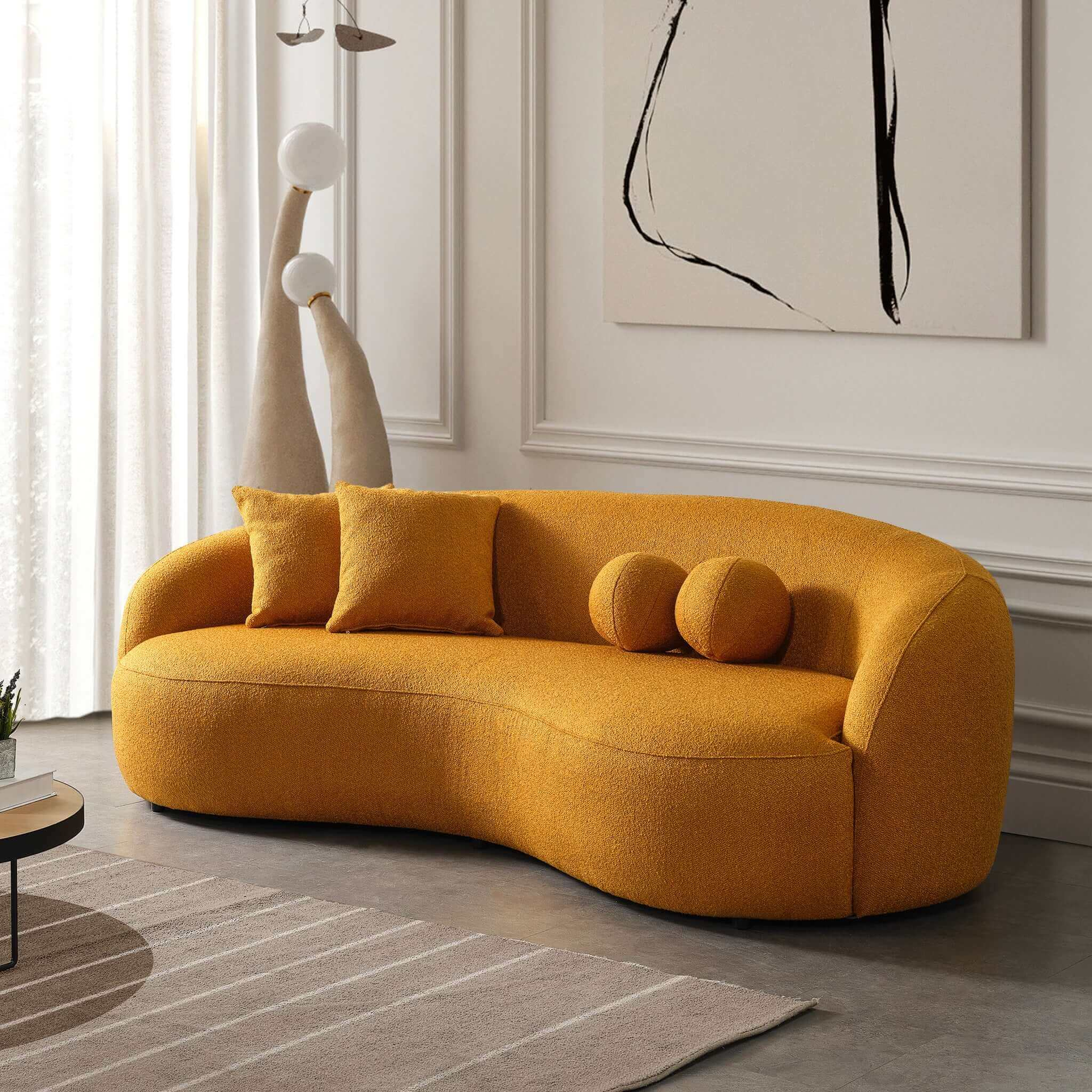 Drake Japandi Style Curvy Boucle Sofa 89 x 45 x 31 Inches