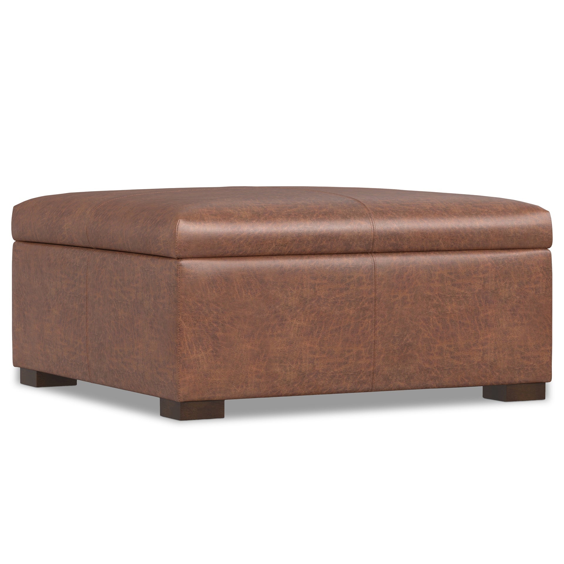 Gabbie 36 inch Wide Square Coffee Table Storage Ottoman in Distressed Saddle Brown Vegan Leather