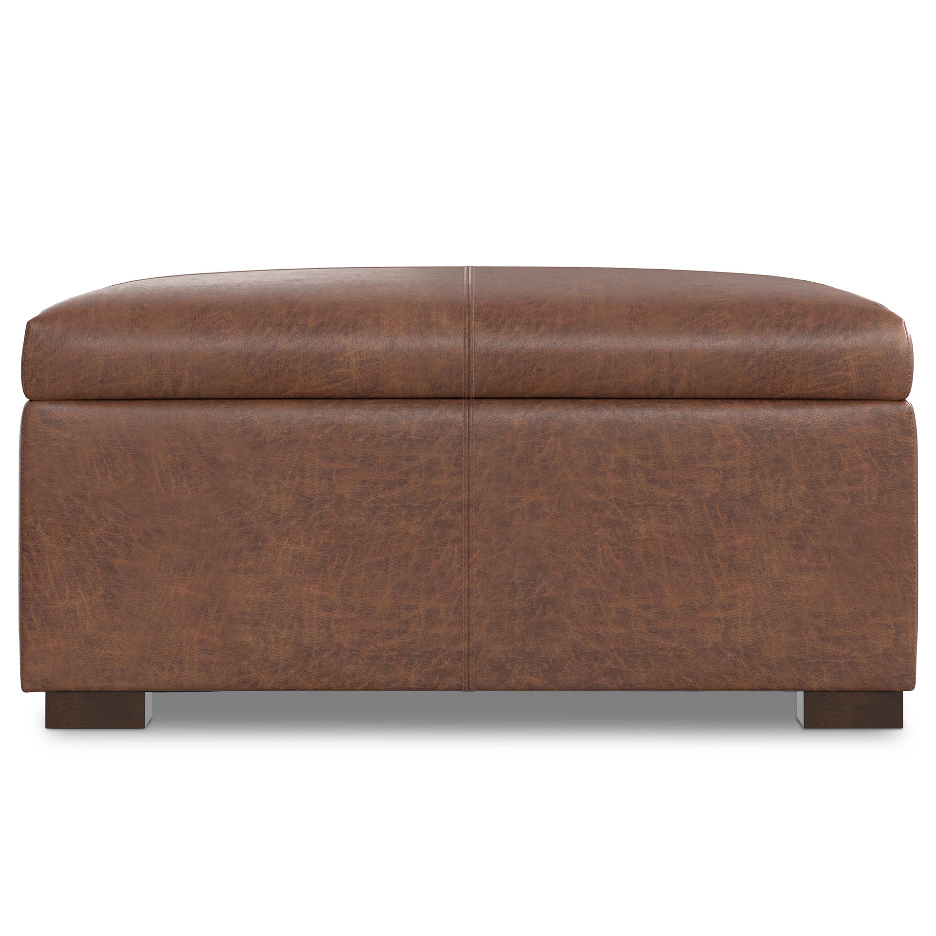 Gabbie 36 inch Wide Square Coffee Table Storage Ottoman in Distressed Saddle Brown Vegan Leather