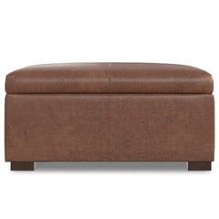 Gabbie 36 inch Wide Square Coffee Table Storage Ottoman in Distressed Saddle Brown Vegan Leather