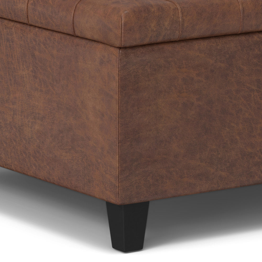 Harrison 30 inch Wide Small Square Coffee Table Storage Ottoman in Distressed Saddle Brown Vegan Leather