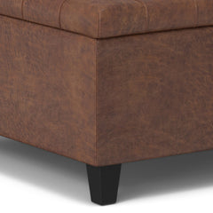 Harrison 30 inch Wide Small Square Coffee Table Storage Ottoman in Distressed Saddle Brown Vegan Leather