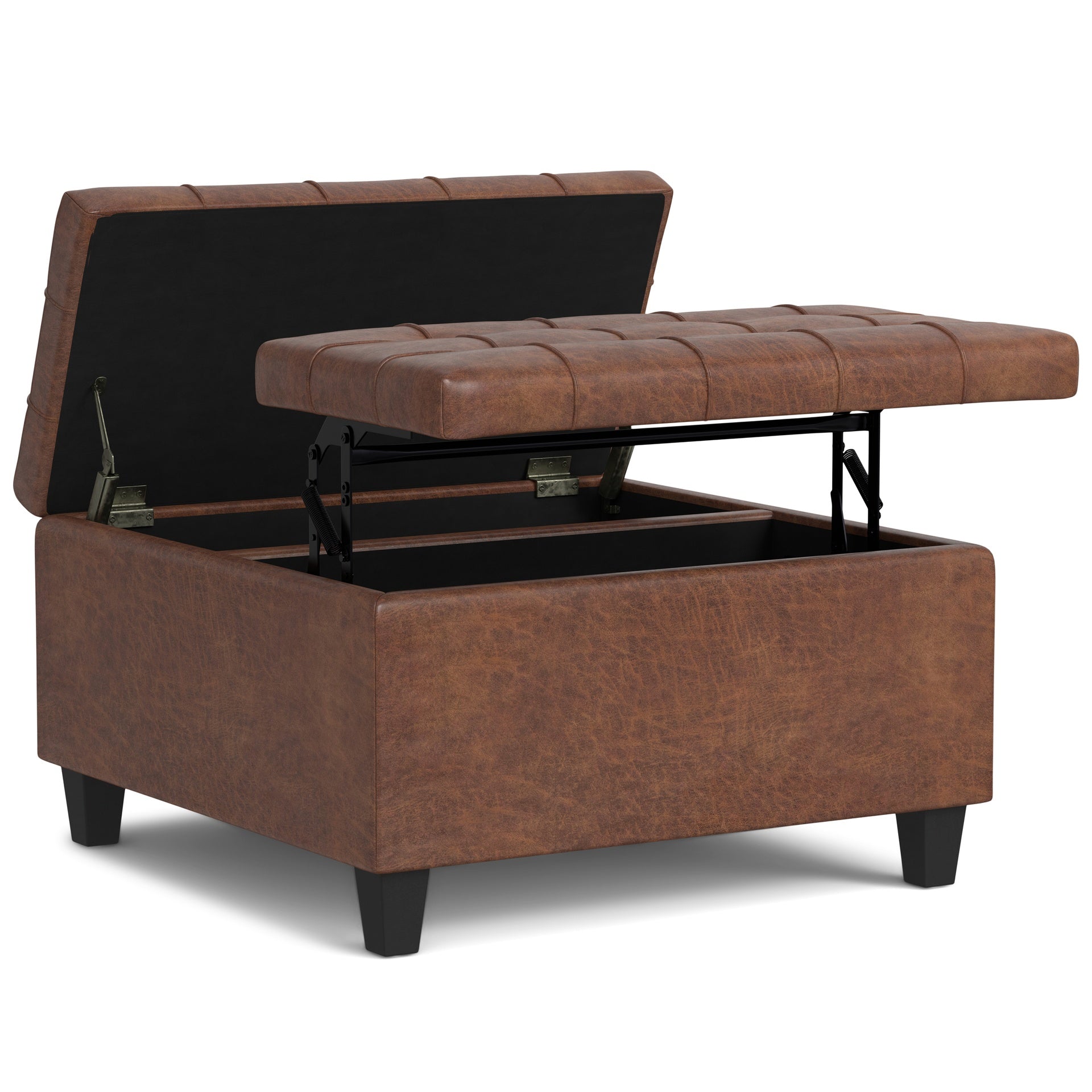 Harrison 30 inch Wide Small Square Coffee Table Storage Ottoman in Distressed Saddle Brown Vegan Leather