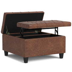 Harrison 30 inch Wide Small Square Coffee Table Storage Ottoman in Distressed Saddle Brown Vegan Leather