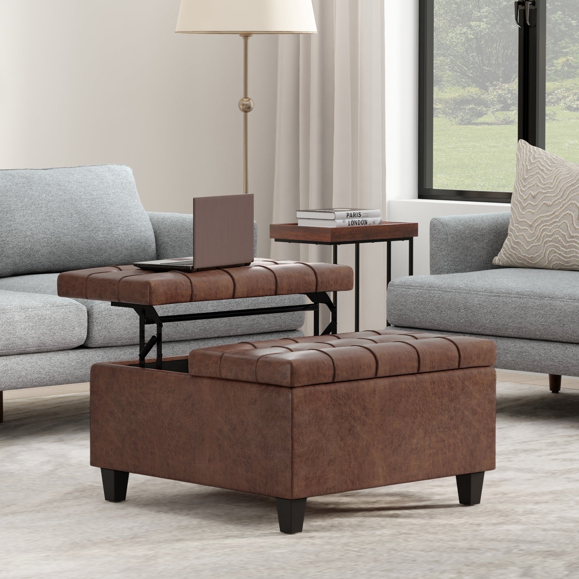Harrison 30 inch Wide Small Square Coffee Table Storage Ottoman in Distressed Saddle Brown Vegan Leather