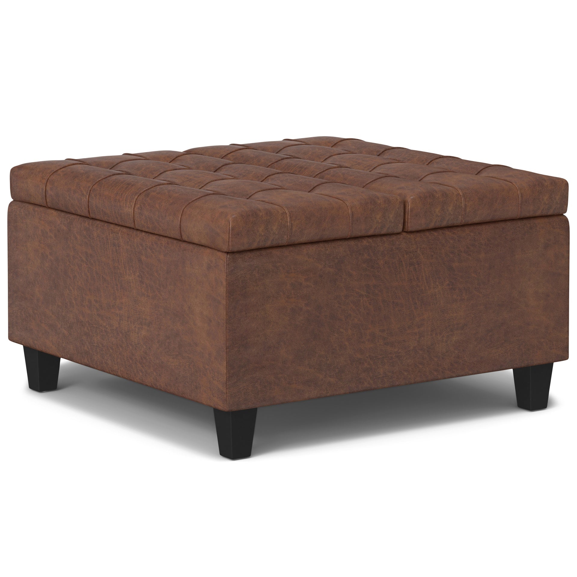Harrison 30 inch Wide Small Square Coffee Table Storage Ottoman in Distressed Saddle Brown Vegan Leather