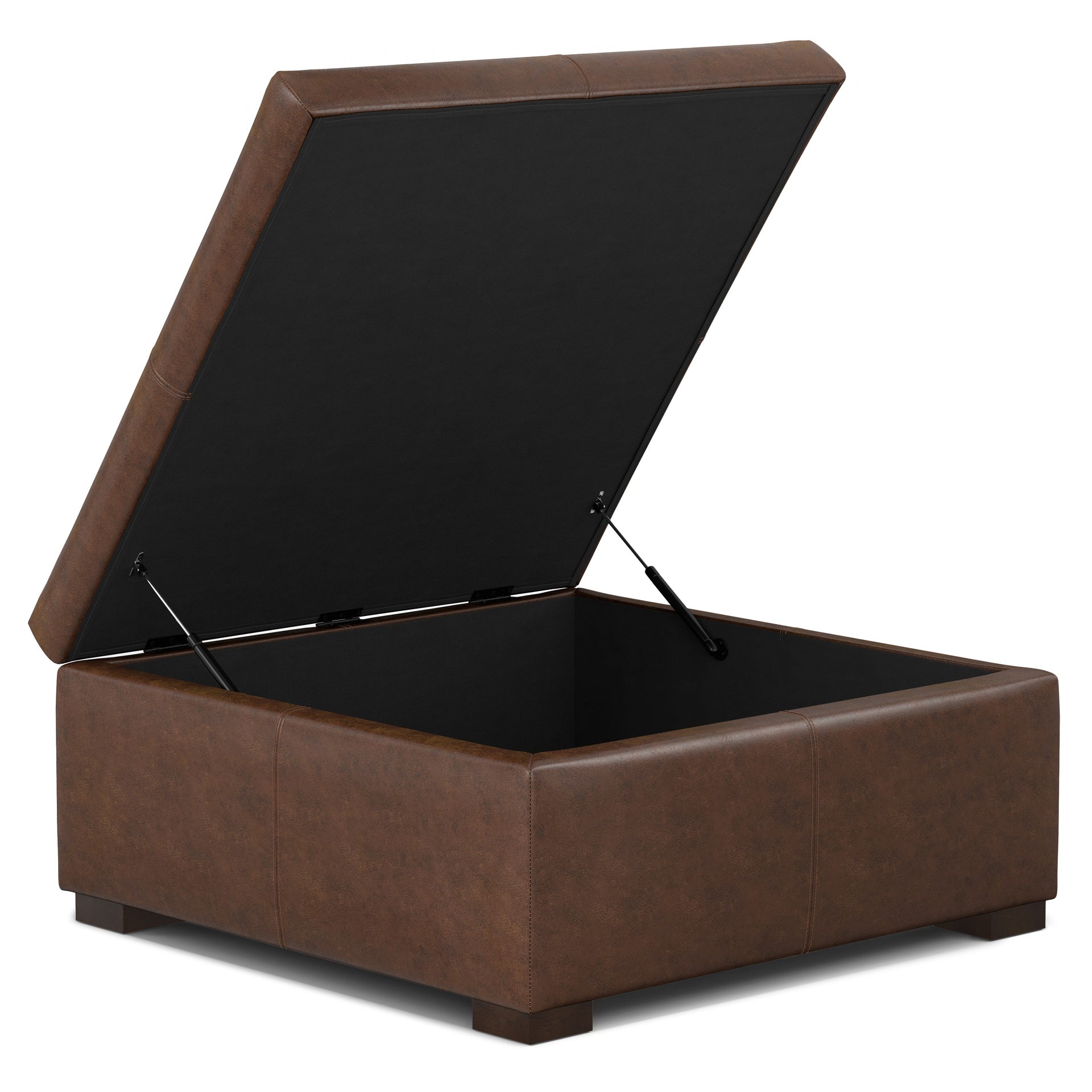 Gabbie 36 inch Wide Square Coffee Table Storage Ottoman in Distressed Chestnut Brown Vegan Leather