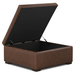 Gabbie 36 inch Wide Square Coffee Table Storage Ottoman in Distressed Chestnut Brown Vegan Leather