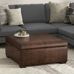 Gabbie 36 inch Wide Square Coffee Table Storage Ottoman in Distressed Chestnut Brown Vegan Leather