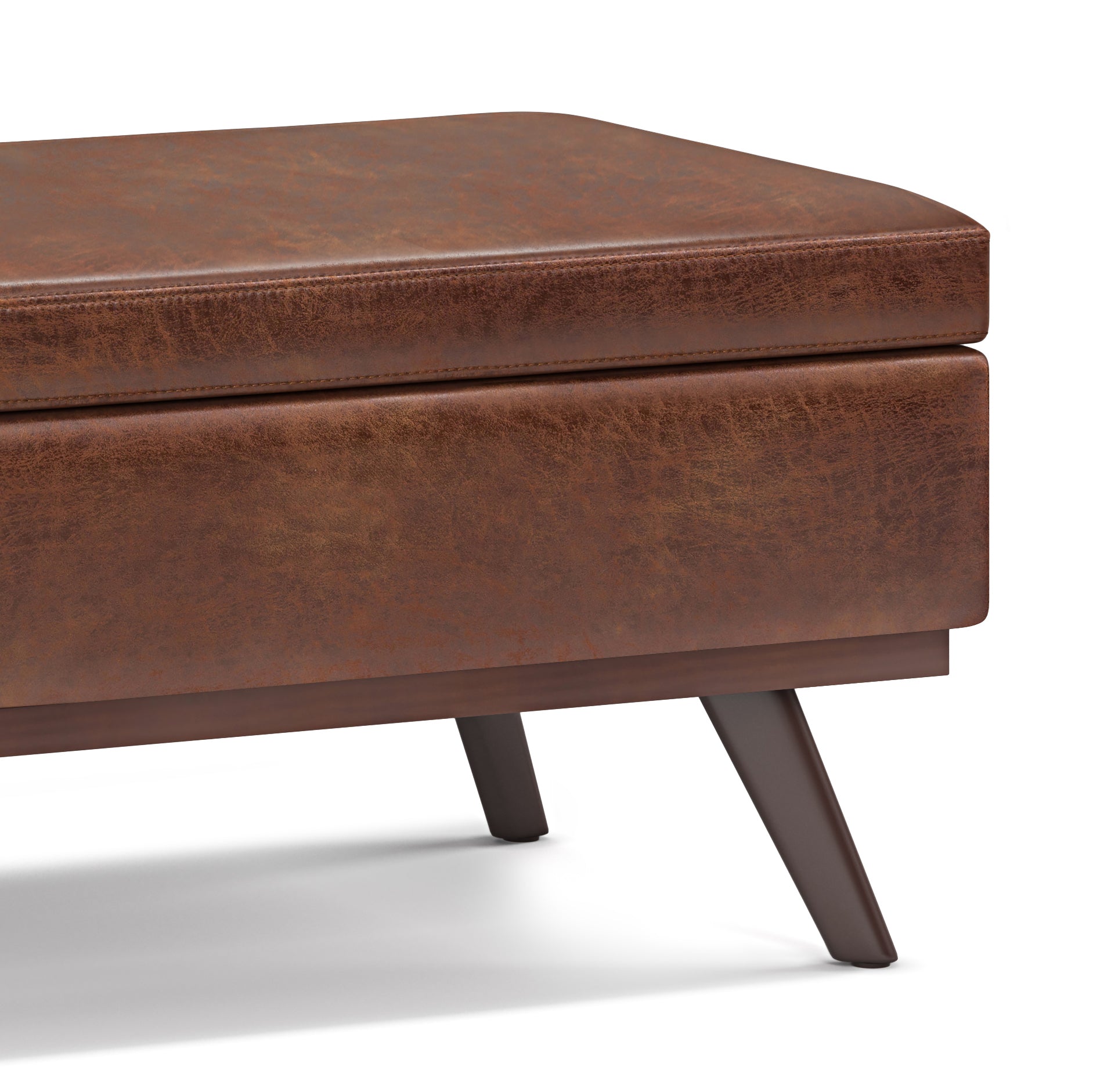 Owen 42 inch Wide Lift Top Large Coffee Table Storage Ottoman in Distressed Saddle Brown Vegan Leather