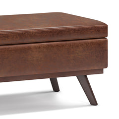 Owen 42 inch Wide Lift Top Large Coffee Table Storage Ottoman in Distressed Saddle Brown Vegan Leather
