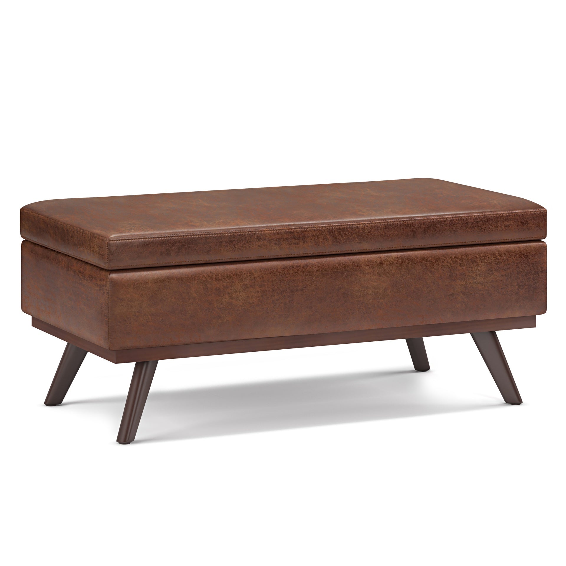 Owen 42 inch Wide Lift Top Large Coffee Table Storage Ottoman in Distressed Saddle Brown Vegan Leather