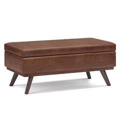 Owen 42 inch Wide Lift Top Large Coffee Table Storage Ottoman in Distressed Saddle Brown Vegan Leather