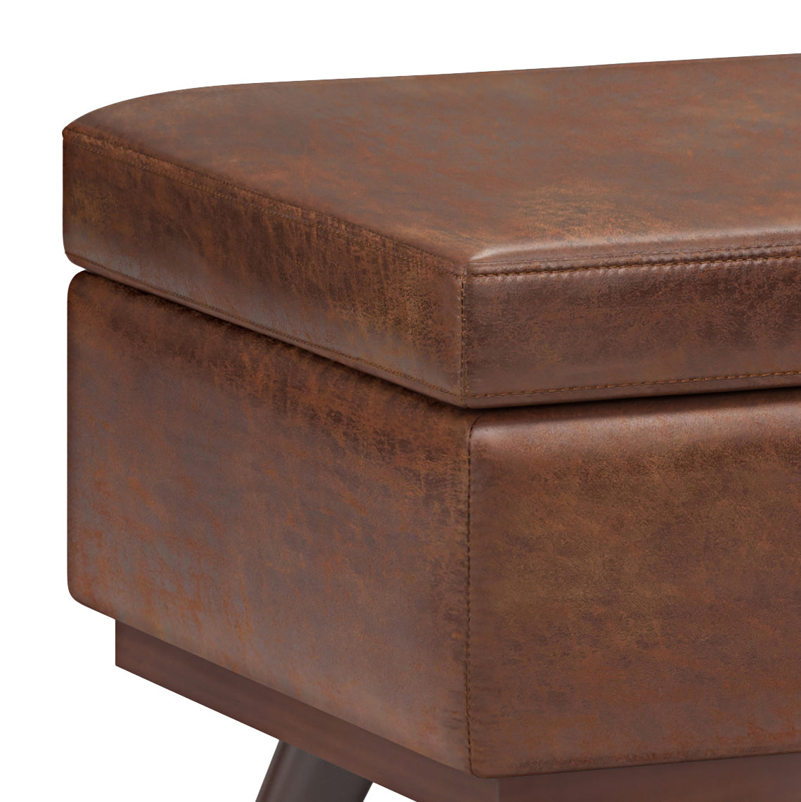 Owen 42 inch Wide Lift Top Large Coffee Table Storage Ottoman in Distressed Saddle Brown Vegan Leather