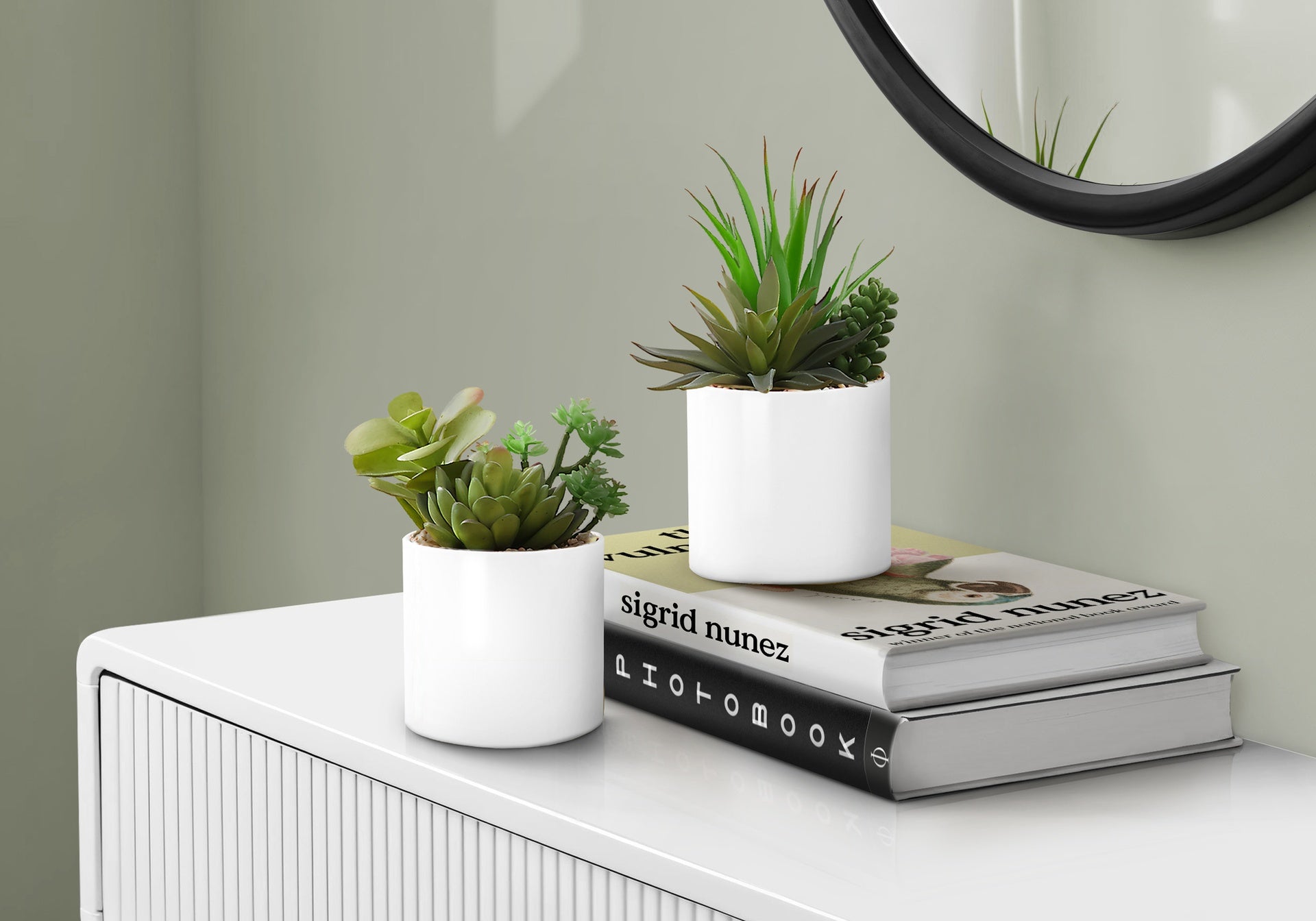 Artificial Plant, 7" Tall, Succulent, Indoor, Faux, Fake, Table, Greenery, Potted, Set Of 2, Decorative, Green Plants, White Ceramic Pots
