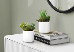 Artificial Plant, 7" Tall, Succulent, Indoor, Faux, Fake, Table, Greenery, Potted, Set Of 2, Decorative, Green Plants, White Ceramic Pots