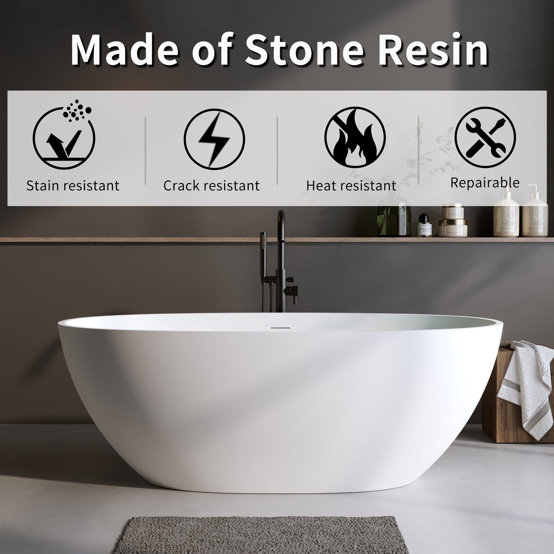 55″Solid Surface Matte Tub, Solid Surface Soaking Tub, Stone Resin Freestanding Bathtub, Thick Edge Stand Alone Tubs with Overflow, Pop-up Drain, Matte White (Oval)