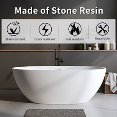 55″Solid Surface Matte Tub, Solid Surface Soaking Tub, Stone Resin Freestanding Bathtub, Thick Edge Stand Alone Tubs with Overflow, Pop-up Drain, Matte White (Oval)