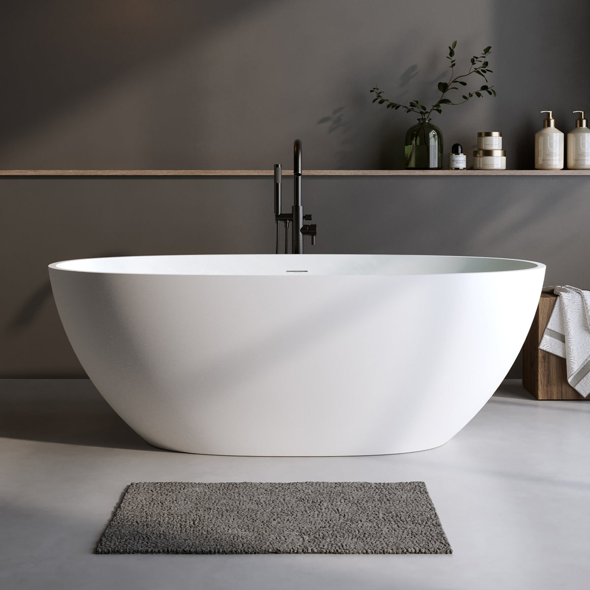 70.8″Solid Surface Matte Tub, Solid Surface Soaking Tub, Stone Resin Freestanding Bathtub, Thick Edge Stand Alone Tubs with Overflow, Pop-up Drain, Matte White (Oval)