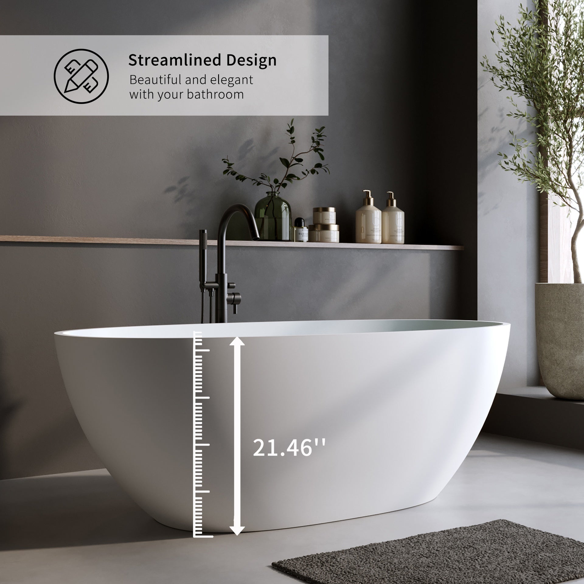 70.8″Solid Surface Matte Tub, Solid Surface Soaking Tub, Stone Resin Freestanding Bathtub, Thick Edge Stand Alone Tubs with Overflow, Pop-up Drain, Matte White (Oval)