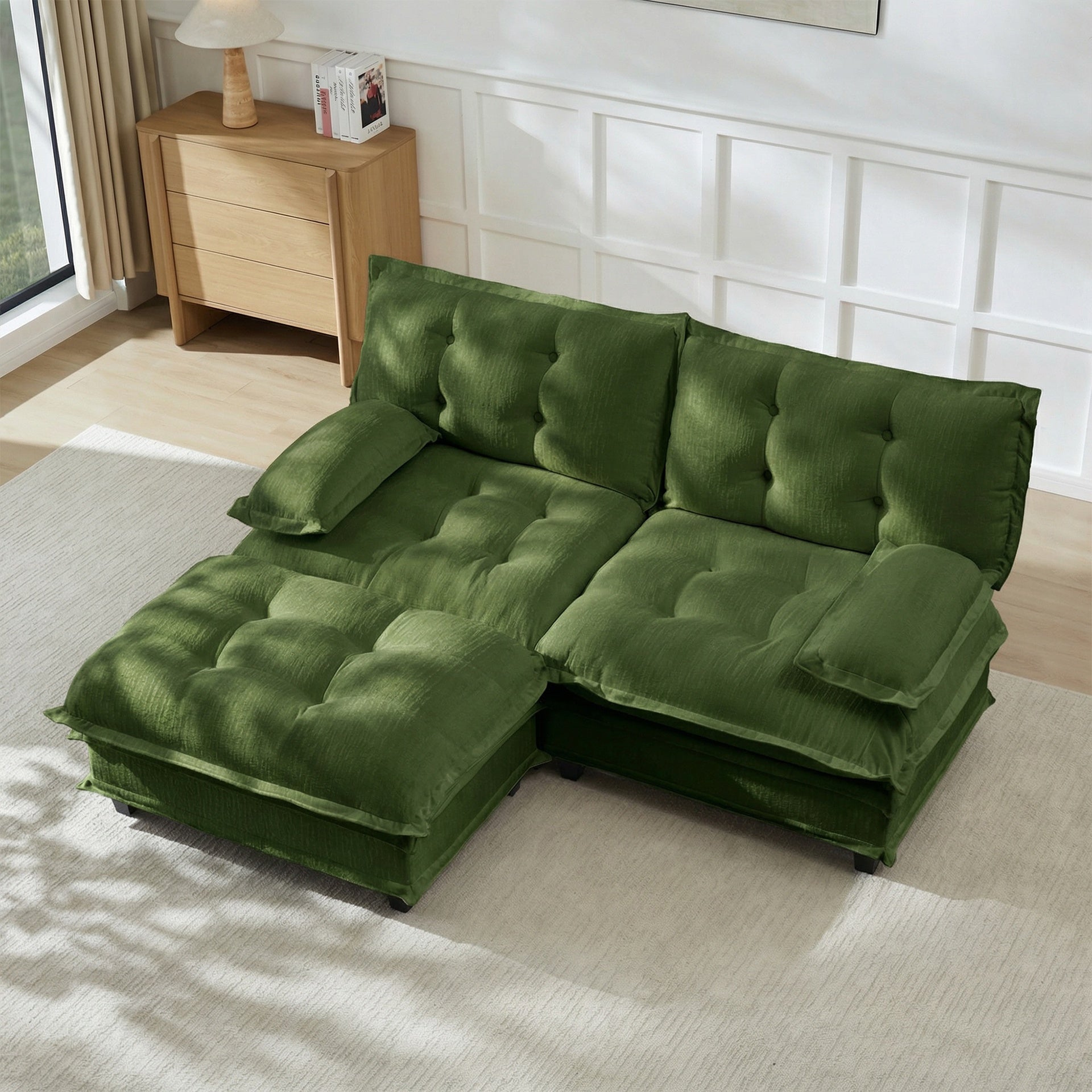 77" L Shaped Modern Sofa Modular Sectional Cloud Couch with Ottoman, 2-Seat Chenille Deep Seat Sofa with Comfy Lattice Decored Seat Cushion, for Living Room, Bedroom and Apartment,Green