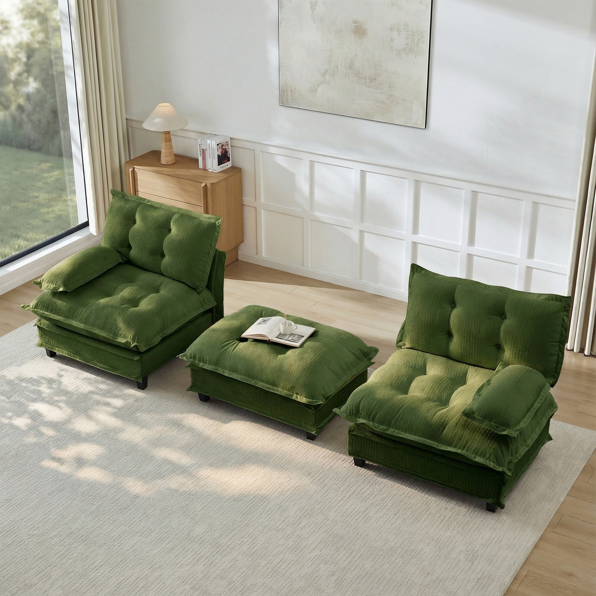 77" L Shaped Modern Sofa Modular Sectional Cloud Couch with Ottoman, 2-Seat Chenille Deep Seat Sofa with Comfy Lattice Decored Seat Cushion, for Living Room, Bedroom and Apartment,Green