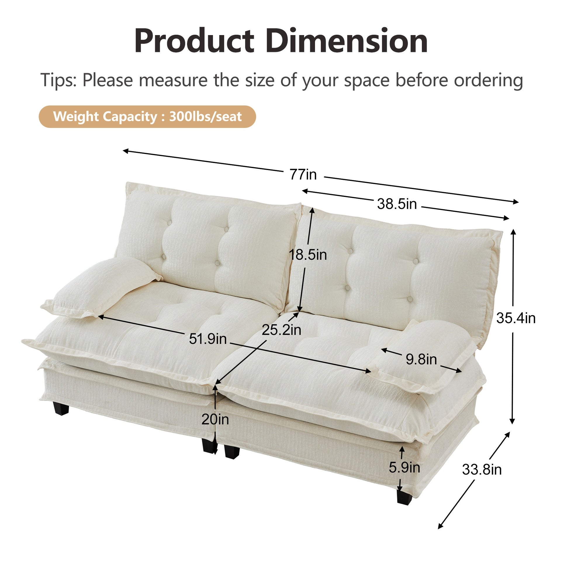 77 " Loveseat, Modern Sectional Couch, 2-Seats Sofa for Living Room Bedroom and Apartment, Comfy Cloud Couches in Lattice Decored Seat Cushion, Breathable Chenille Fabric, Beige
