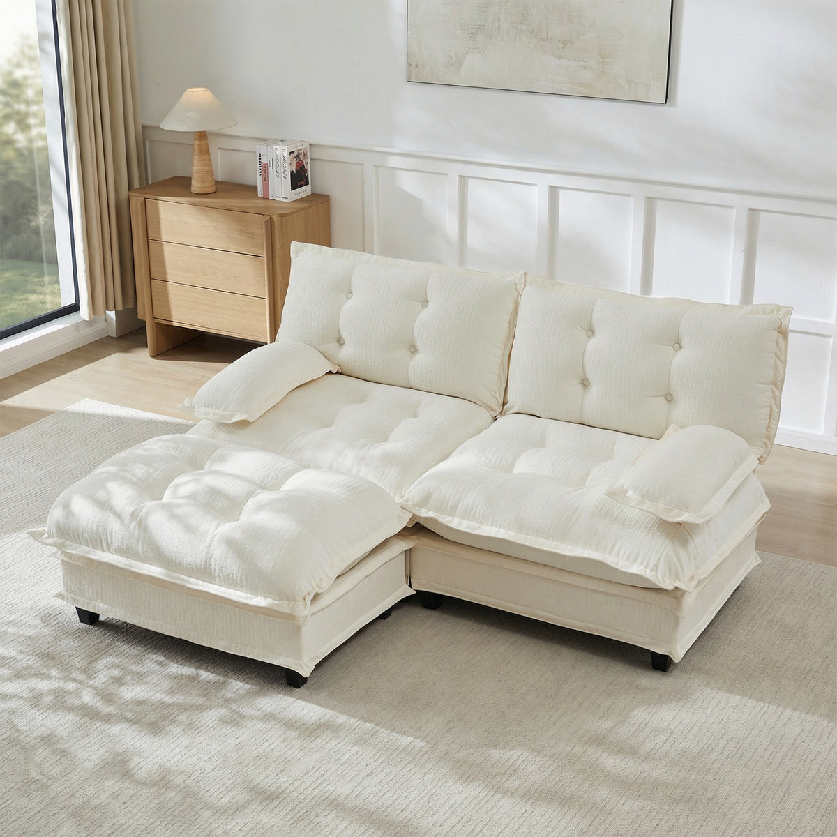 77" L Shaped Modern Sofa Modular Sectional Cloud Couch with Ottoman, 2-Seat Chenille Deep Seat Sofa with Comfy Lattice Decored Seat Cushion, for Living Room, Bedroom and Apartment,Beige