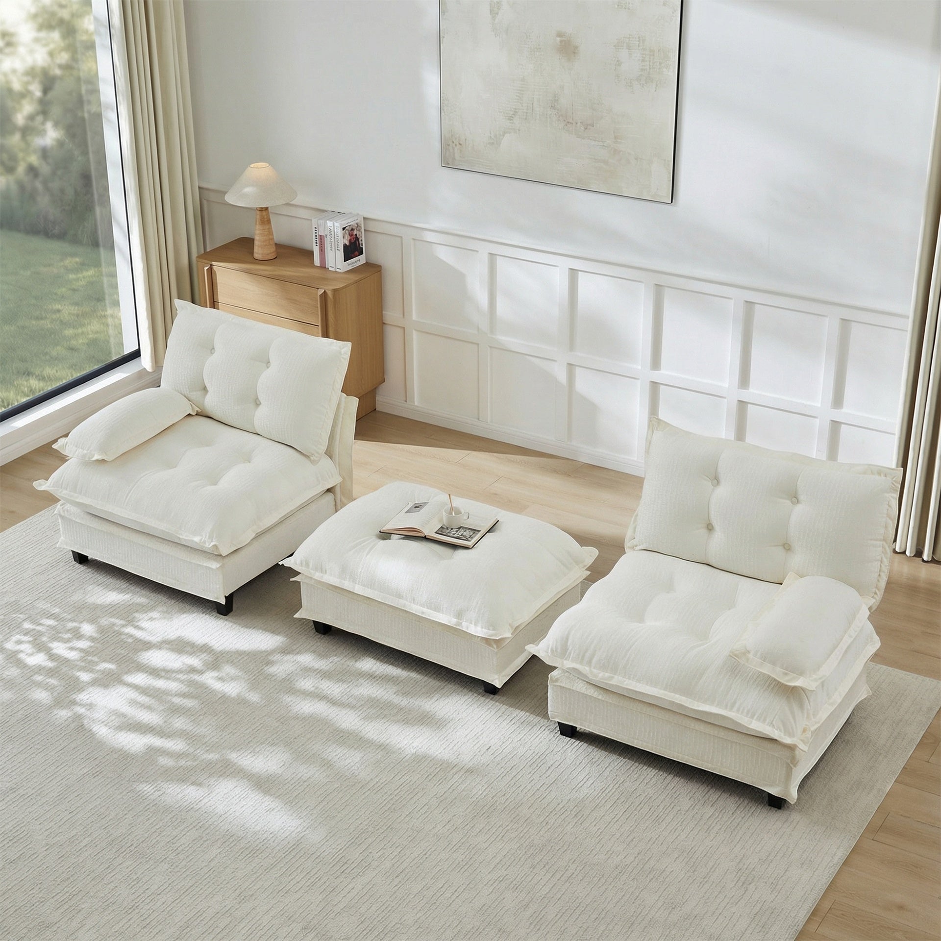 77" L Shaped Modern Sofa Modular Sectional Cloud Couch with Ottoman, 2-Seat Chenille Deep Seat Sofa with Comfy Lattice Decored Seat Cushion, for Living Room, Bedroom and Apartment,Beige