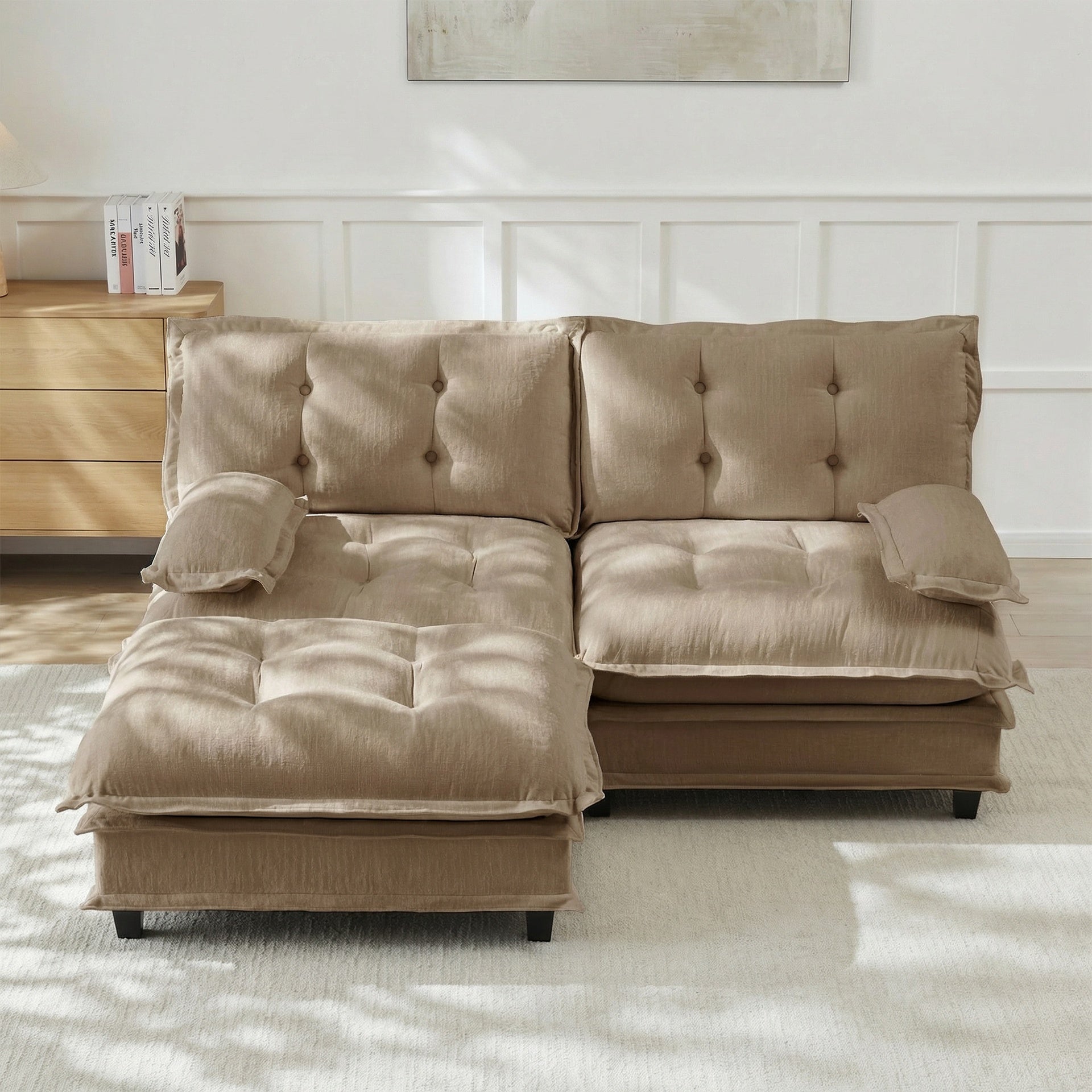 77" L Shaped Modern Sofa Modular Sectional Cloud Couch with Ottoman, 2-Seat Chenille Deep Seat Sofa with Comfy Lattice Decored Seat Cushion, for Living Room, Bedroom and Apartment,Light coffee